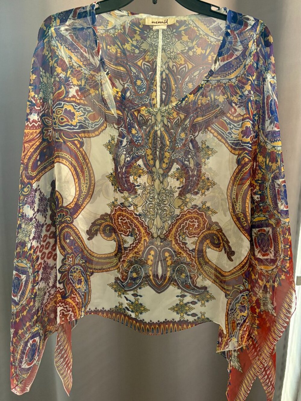 One World Paisley Medallion Sheer Chiffon Poncho Top Sharkbite Hem XL